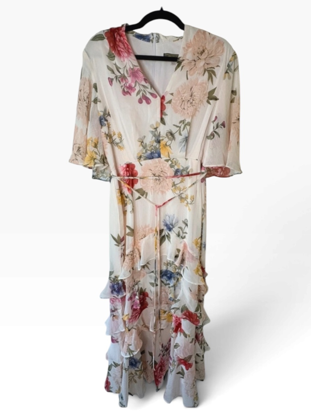 Melonie T Floral Tiered Midi Dress in Blush Pink